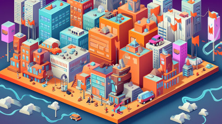 Generative AI Modern isometric or 3d location map with paper white living and industrial buildings, city landmarks, streets and place for text or description. Clean infographic design template. Vector illustration.の素材