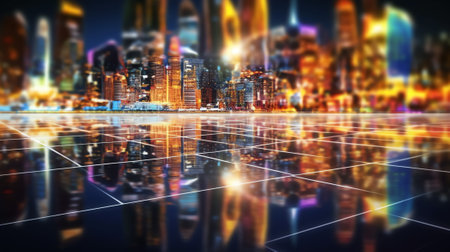 Generative AI 3D Rendering of modern skyscraper buildings in large city at night with reflection on wet puddle street after raining. Concept for night life, business vision, technology productの素材