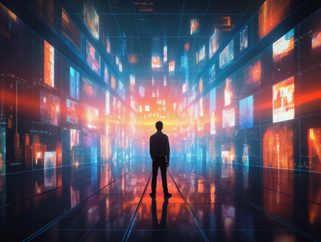 Generative AI Business technology concept, Professional business man walking on future network city background and futuristic interface graphic at night, Cyberpunk color styleの素材