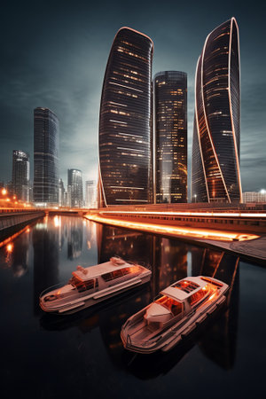 Generative AI Amazing view of modern skyscrapers reflecting in calm water of river near bridge against cloudy sunset skyの素材