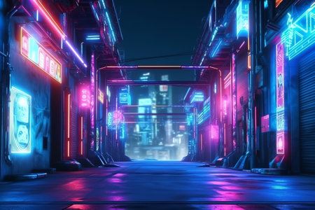 Generative AI Photorealistic 3d illustration of the futuristic city in the style of cyberpunk. Empty street with neon lights. Beautiful night cityscape. Grunge urban landscape.の素材