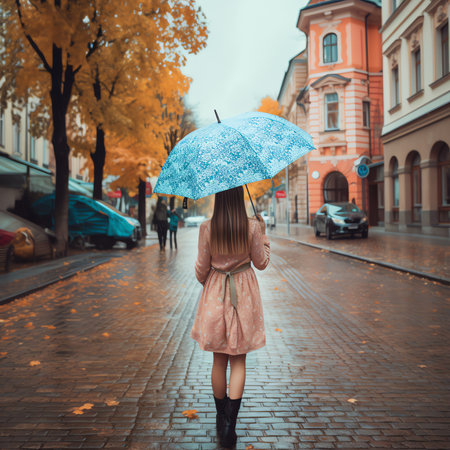 Generative AI Attractive young female tourist is exploring new city. Redhead girl holding a paper map on Market Square in Krakow. Traveling Europe in autumn. St. Marys Basilicaの素材