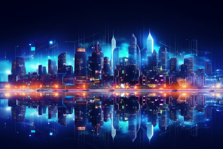 Generative AI Bright glowing lights of district in megapolis under dusk sky in evening on blurred backgroundの素材