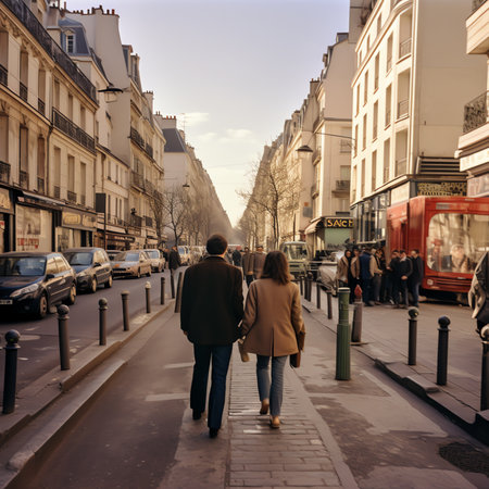 Generative AI Urban life scene with anonymous crowd of people walking on a busy French streetの素材