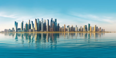 Generative AI Blue tone panorama of waterfront city skyline with reflection. Image composite.の素材