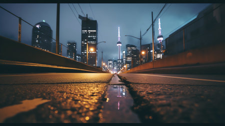 Generative AI asphalt road leading into the city at night. Selective focus. backgroundの素材