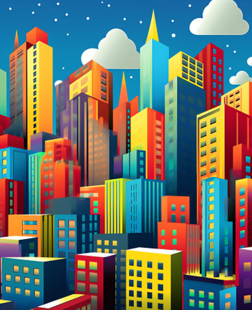 Generative AI night modern city with skyscrapers. Pop art retro vector illustration vitch vintage 50s 60s styleの素材