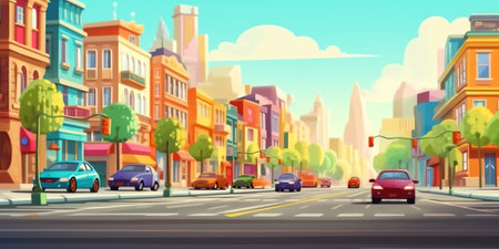 Generative AI Flat vector cartoon style illustration of urban landscape road with cars, skyline city office buildings and family houses in small town village in backround. Traffic on the street.の素材