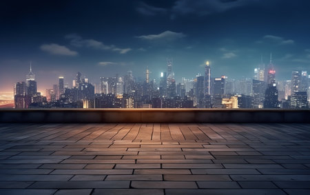 Generative AI Empty floor platform with night view city skyline backgroundの素材