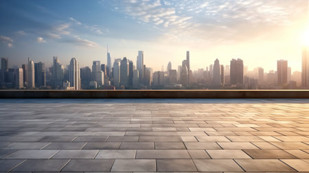 Generative AI empty brick floor with cityscape of modern cityの素材