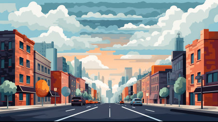 Generative AI Urban landscape. City skyline. Cityscape background with road and cars vector illustrationの素材