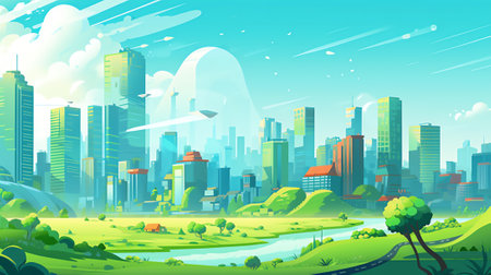 Generative AI Future smart city skyline panorama 3D scene. Futuristic eco cityscape creative concept illustration: skyscrapers, towers, tall buildings. Panoramic urban view of green ecology friendly megapolis townの素材