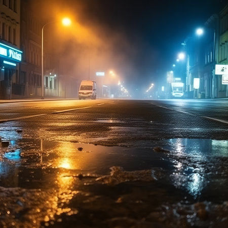 Generative AI Light effect, blurred background. Wet asphalt, night view of the city, neon reflections on the concrete floor. Night empty stage, studio. Dark abstract background, dark empty street. Night city.の素材