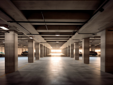 Generative AI 3d render of concrete architecture with car park, empty cement floor.の素材