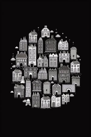 Generative AI Cute houses, city buildings in Scandinavian style. Cosy town panorama with home exteriors, Scandi architecture. Urban street with chimneys, smoke. Flat vector illustration isolated on white backgroundの素材