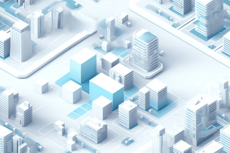 Generative AI 3d illustration map of the white city on white design street town buildings modern urban houses and skyscrapers. Vector isometric of flat style for concept business background.の素材