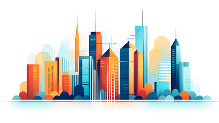 Generative AI Modern City illustration isolated at white with space for text. Success in business, international corporations, Skyscrapers, banks and office buildings.の素材