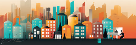 Generative AI city building houses view skyline background real estate cute town concept horizontal banner flat vector illustrationの素材