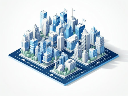 Generative AI 3d illustration map of the white city on white design street town buildings modern urban houses and skyscrapers. Vector isometric of flat style for concept business background.の素材