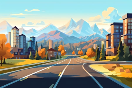 Generative AI Urban landscape with large modern buildings and suburb with private houses on a background mountains and hills. Street, highway with cars. Concept city and suburban life.の素材