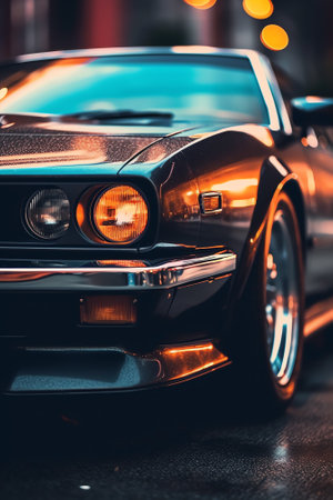 Generative AI A closeup shot of a black car in the parking lot with a blurred backgroundの素材
