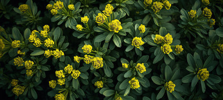 Generative AI Closeup shot of small yellow flowers surrounded with green leaves. Spring season. Freshness.の素材