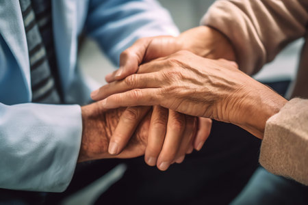 Generative AI Nothing so healing as the human touch. Shot of an unrecognizable doctor holding hands with her patient during a consultation.の素材