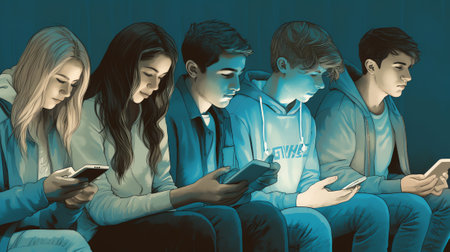 Generative AI Group of teenagers using mobile phones - Young people addiction to technology trends following and chatting with emoji on smartphones - Tech and millennial concept - Focus on first handの素材