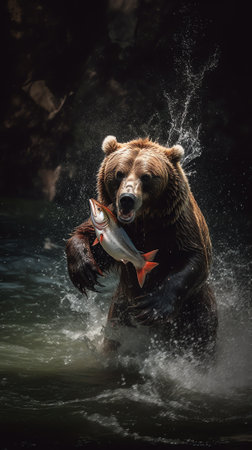 Generative AI A closeup shot of a brown bear eating a fish standing in a river with logsの素材