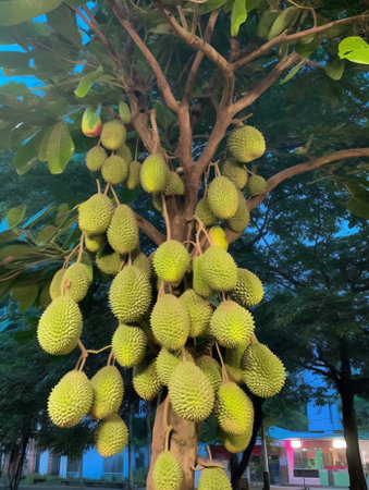 Generative AI closeup shots of growing jackfruits.の素材