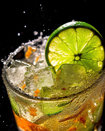 Generative AI Mexican Gold Tequila with lime and salt on black background with copyspace.の素材