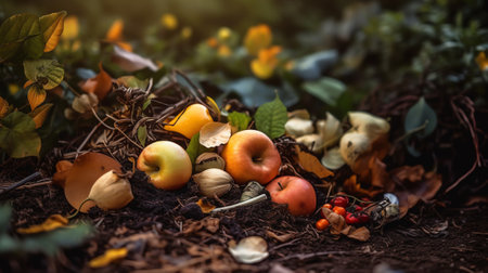 Generative AI Fallen ripe apple on the ground among leaves and grass in orchard on a rainy autumn day, fruit harvest and horticulture concept. Closeup shotの素材