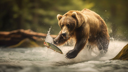 Generative AI A closeup shot of a small brown bear running in river water during sunsetの素材