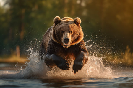 Generative AI A closeup shot of a brown bear shaking off water while standing in the river during sunsetの素材