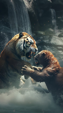 Generative AI A closeup shot of two large brown bears fighting in a river with a blur background of a shoreの素材