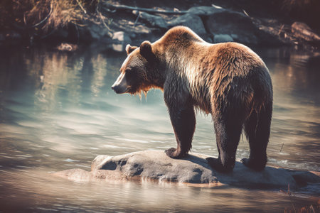 Generative AI A closeup shot of a brown bear leaning against wood logs floating in the riverの素材