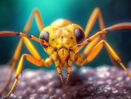 Generative AI Yellow wasp closeup shot between grass in the garden.の素材