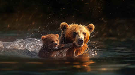 Generative AI A closeup shot of a mother bear with its small baby bears around it in a riverの素材