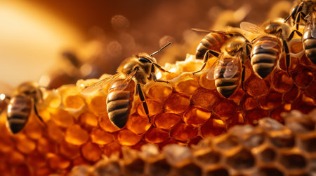 Generative AI A closeup shot of many bees on a honeycomb frame making honeyの素材