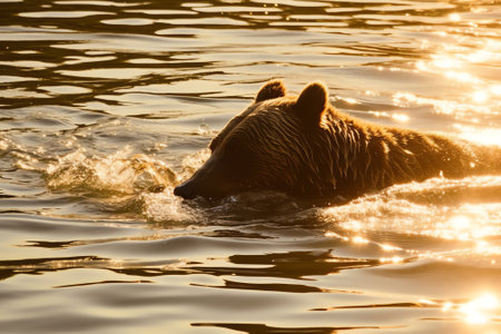 Generative AI A closeup shot of a brown bear shaking off water while standing in the river during sunsetの素材