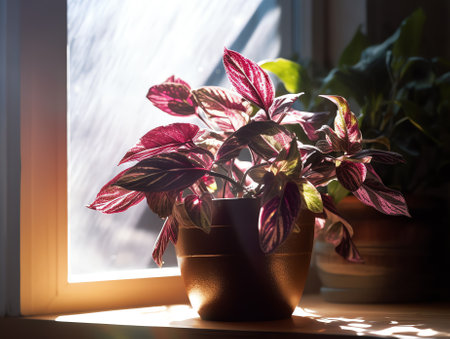 Generative AI A closeup shot of the New Guinea impatiens in a flowerpot on a blurred backgroundの素材