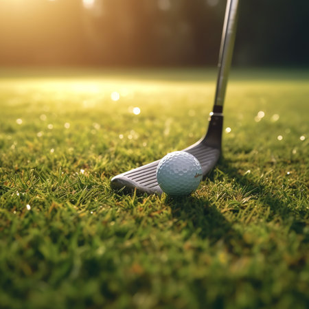 Generative AI An extreme closeup of the golf driver and ball on the grass with a golfer ready to swing the driver. driver close-up view. selective focus golf driver and out of focus golfer. shot of golf clubの素材