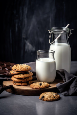 Generative AI A beautiful shot of cookie topped with jam dipped in a glass of warm milk. Closeup shot of few biscuits with a glass full of fresh milk against a black background - common breakfastの素材