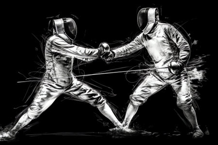 Generative AI Two fencers crossed swords before fight, closeup shot of fencing dual startの素材
