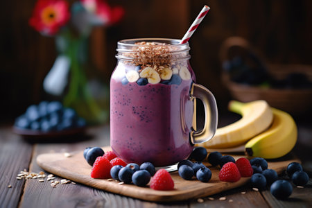 Generative AI Closeup shot of three berries milkshakes in glasses jars with straws which made from raspberry, blueberries, currant on wooden background. Selective focus. Healthy eating. Vegetarian diet.の素材