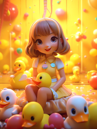 Generative AI Closeup shot of a little Asian girl playing a plastic chicken toy aloneの素材