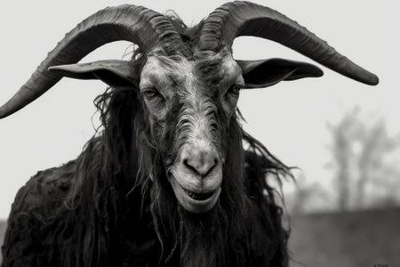 Generative AI A closeup shot of a black goat in the natureの素材