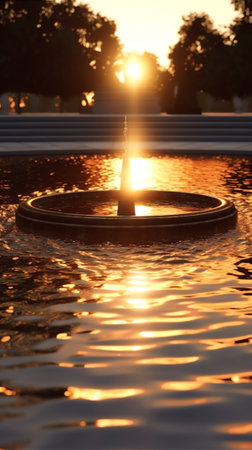 Generative AI Valletta, Malta - May 2023 - Closeup shot illuminated Triton fountain in evening. Slow motion of water jets spray and fall on bronze statue while silhouettes of tourist people take photo and pass by.の素材
