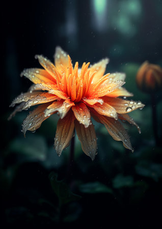 Generative AI Closeup Shot of the Orange Peruvian Zinnia or Wild Zinnia Flower with Sparkling Yellow Pistilsの素材