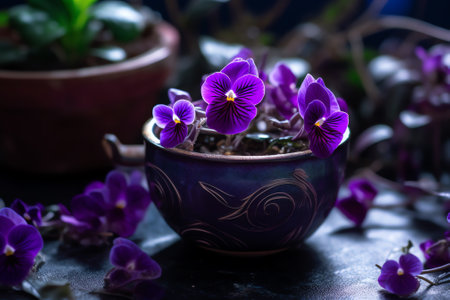Generative AI A closeup shot of the New Guinea impatiens in a flowerpot on a blurred backgroundの素材